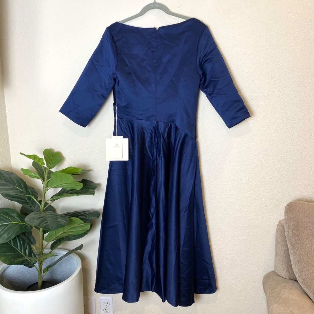 Lan Ting Bride V-Neck Quarter Sleeve Pleated A-Line Satin Tea Dress Navy Blue - Picture 5 of 8